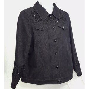 Dennis Basso Coat Denim Jean Jacket Blazer Women Large Black Beaded Sequin Bling